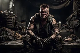 in einer postapokalyptischen Zukunft: mad max film style. ein fetter, häßlicher, schmieriger kerl mit tattoos, Narben, detaillierte zerissene und sehr dreckige Kleidung aus Schrott und Müll, Metallteilen, Gürteln, Taschen, Nägeln, Schläuchen. dreckige stiefel. sitzt in einem düsteren Keller, zeigt mit hand zur Seite. böses lachen. in postapokalyptischer Umgebung. extrem lebensechter Fotorealismus, improvisierte maske, düstere Stimmung, düsteres blaues licht. alles ist kaputt, dreckig und rostig.