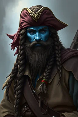A male Air Genasi from Dungeons and dragons. Trum as a pirate with a long braided beard, wearing pirate clothes, and blue skin. He is in his mid twenties