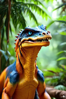 VELOCIRAPTOR ORANGE, BLUE EYES, YELLOW TEETH, ESCALE MODEL, 3D, HIGH QUALITY, MODERN ART, REAL SKIN, AND REAL APPARENCE ON JUNGLE