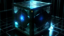 Cube tesseract from movie Loki. Located strictly in the middle of picture with space around it and with navy blue/green glow inside tesseract. Without surface on which it stay. Will be used for 404 error page.