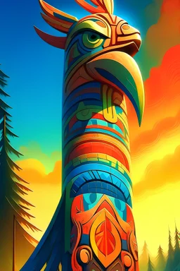 a close up of a totem pole with a sky background, a digital painting, by Craig Thompson, featured on polycount, sunset illustration, eagles, stylized photo, the space needle, great light and shadows”, texturized, colorful illustration, postprocessed