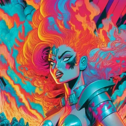 Inspirada en el estilo de arte de los cómics de la década de 1980, la imagen presenta una mujer egirl con cabello multicolor y una armadura plateada futurista en primer plano. El arte exhibe líneas dinámicas y colores vibrantes, evocando una estética pulp de acción y aventura. El volcán rojo en erupción, con su lava ardiente, está representado con trazos audaces y contrastantes. El estilo de ilustración busca capturar la esencia de artistas icónicos como Frank Miller.