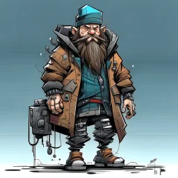 streetpunk vandal cyperpunk dwarf with cybernetic legs, dressed with a coat and beanie