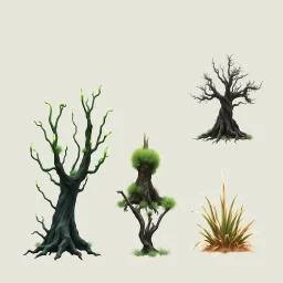 "Isolated concept art of multiple types of alien tree on a plain neutral background. Designed for different biomes: Forest biome – lush, dense, tall grass with strange broad blades, glowing tips, and twisted leaves. Swamp biome – slimy, wet, moss-like grass with tangled roots, bioluminescent details, and spongy textures. Desert biome – dry, spiky, brittle grass with sharp edges, thorn-like blades, and pale dusty colors. Each grass type should have a unique silhouette and texture.