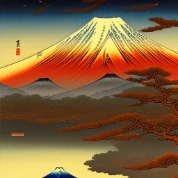 Ukiyo-e painting of a mount fuji at sunset