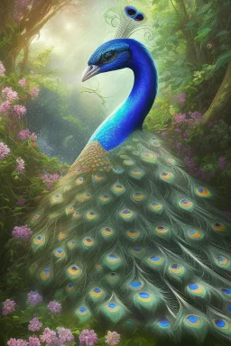 beautiful peacock, jungle, mystical, dreamlike, Neo-Impressionism, fine detail, high quality, raining, rain droplets, beautiful colors,