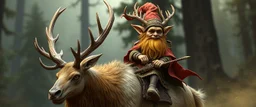 a gold ginger fluffy gnome kobold stag gremlin that looks like the opposite of a vampire in bunad riding an elk