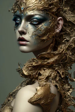 papercut 3d portrait of young woman, dark fantasy, beautiful, dark eyes, dark make up, streaks of paint, paint blobs and smears, paint powder, textured, bronze, molten metalics, wild hair, high definition, octane render, 8k, backlit,