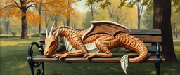 master oil painting by Rembrandt, flat paper dragon person sleeping on a bench in the park