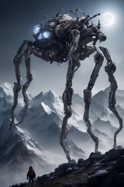 I want an image of a eight legged spiderlike mechanical walker mech scaling the side of mout everest at night, it has a smooth surface