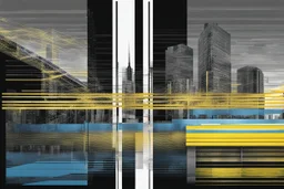 Double exposure transparent glich picture silhouette of a building, bridges, white noise, distorted, abstract patterns, glitch art with distorted shapes, optical illusion, gray-yellow and blue gradient effect, rhythmic noise particles. Grain scored texture. Black background.