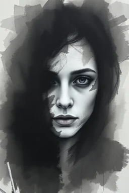 A hauntingly beautiful abstract portrait of a human face emerging from soft charcoal strokes. The figure is partially obscured with blurred, smudged textures, creating an ethereal and ghostly effect. The face conveys subtle sadness and mystery, with deep shadows and faint highlights giving it a timeless ...