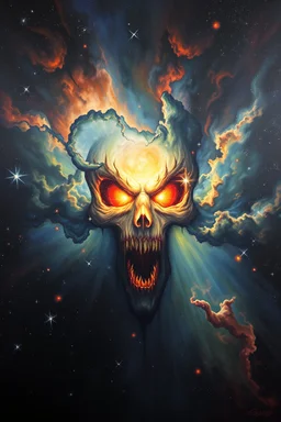 Busch painting style A big scary face out of A nightmare from light." Stars are holes in the fabric of reality, from which a blinding, painful light pours. Nebulae resemble phantasmagorical visions.