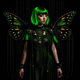 Full body, gothic woman with a bob with a fringe hairstyle, steampunk metal moth wings, green markings, black background