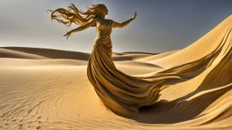 dancing statue of a wind-blown sand lady (made of sandstone):1.7; amazing reflections, circular swoosh, dynamic, cinematic, dramatic, cam in motion, swirl dynamics, deep low angle, summer heat, vivid sand and chartreuse colors, bright tone, sharp shadows, black outlines, immersed in motion