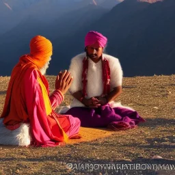 mystical indian guru teaching his disciple in adoration in himalaya at sunset