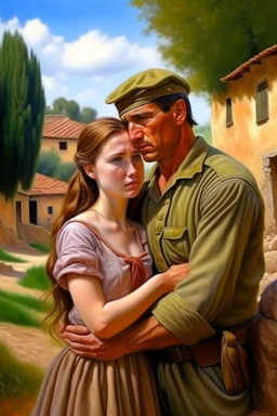 Oil painting of a soldier who fell in love with a very beautiful village girl Photorealistic