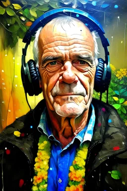 acrylic portrait of a grandfather, emotions, rain, flowers, umbrella, autumn, paint blots, splashes, tears, plants, yellow, blue, green, orange colors