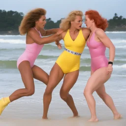 (from the 90ties movie "catfight on the beach") two women fighting on the beach: the blond has a yellow high cut leotard, the redhead has a pink high cut leotard.