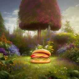 pixar style, volumetric summer garden environment and background, realistic painting of steak burger, looking excited, volumetric lighting, dramatic lighting, detailed digital painting, extreme dense and fine fur, anime, ornate, colour-washed colors, elegant, small minutiae, tiny features, particulars, centered, smooth, sharp focus, renderman gofur render, 8k, uhd, detailed eyes, realistic shaded volumetric lighting, sunlight caustics, backlight, centered camera view