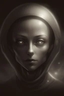 Matte finish, Concept art, Hyper Realistic Sketch, Art style of Anna Nikonova, Minimalist masterpiece, Extraterrestial cosmic being, Dark outlines, Eyes in Sharp Focus, Matte tones, Portrait, Sharp, Background out of focus, Sepia Tones or Grayscale