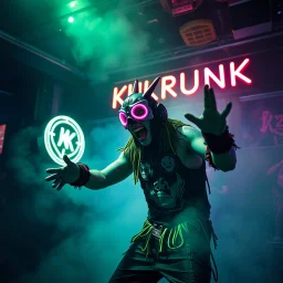 An "KUKRUNK" performing at dance club, his name is "KUKRUNK" and looks crazy, and pushes things on stage, Neon lights and smog, "KUKRUNK" SIGN ON WALL