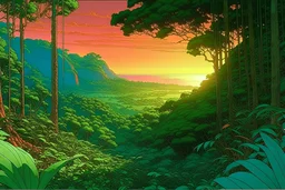 lush dense jungle, sunset, orizon above point view by moebius