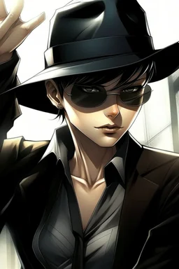 manga, anime, drawing, art, cartoon, perfect body, perfect hands, perfect face, perfect eyes, perfect arms, perfect cowboy hat, mafia woman, female mafia,, short hair pixie cut shaved side, black suit and tie, sunglasses, badass, cool, attractive