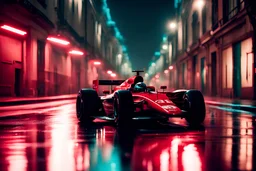 cinematic shot on a formula one car, bioluminescent red street scenery