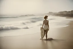 [VOYAGE ART DÉCO (1925)] landifornia: The beach at Biarritz unfolded like a canvas of endless possibilities, the crashing waves beckoning to those who dared to ride upon them. She stood at the water's edge, the sun-kissed sand warm beneath her feet, a surfboard cradled in her arms. The salty breeze teased her hair, carrying the promise of adventure on its wings.