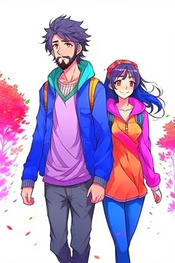 anime couple, walking , colorful, man with salt and pepper beard and woman with dark hair and blue eyes