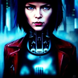 fullbody portrait in oil on canvas ,beautiful biker female robot, ominous, intense stare, sad eyes, post-apocalyptic in a cyberpunk city, ghost in the shell, Akira, BladeRunner movie poster, masterpiece, realistic, intricate detail, sci-fi fantasy style, volumetric lighting, particles, highly detailed ,cinamatic , deep colours,8k, by Caravaggio