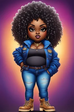 vibrant psychedelic pop punk image, airbrush, 48k, cartoon art image of a plus size chibi dark skinned Black female wearing a sapphire blue jean outfit with timberland boots. Prominent make up with brown eyes and lush lashes. Highly detailed tight curly ombre afro