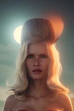 Ultra Realistic retro sci-fi scene, waist up view portrait, blonde woman, sweet young Claudia Schiffer face, perfect iris, glow eyes, makeup. Saturn background, Retro sci-fi style, helmet, tight latex coat, fog, rain, soft color, highly detailed, unreal engine 5, ray tracing, RTX, lumen lighting, ultra detail, volumetric lighting, 3d, finely drawn, high definition, high resolution.