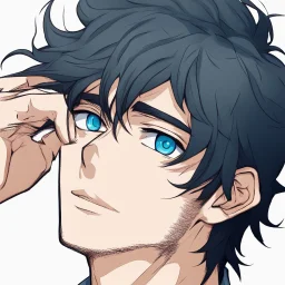 A headshot of a confident handsome man with messy black hair and blue eyes, wearing casual, modern attire, colored manga style, intricately detailed,