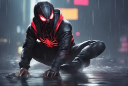 Miles morales in 8k nier automata drawing style, cyberpunk suit them, cinematic mood, neon effect, close picture, rain, highly detailed, high details, detailed portrait, masterpiece,ultra detailed, ultra quality