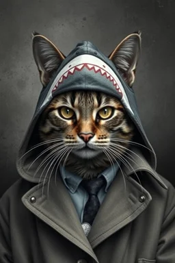 cat with shark mask hat solanain the trenches in the style of banksy