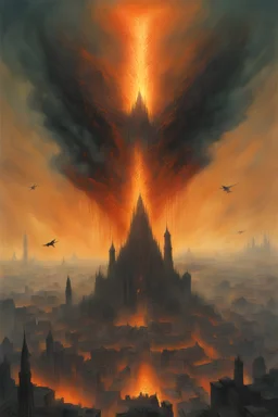 A burning city,cefalopod creatures hovering, highly detailed,in the style of Zvidslav Beksinski