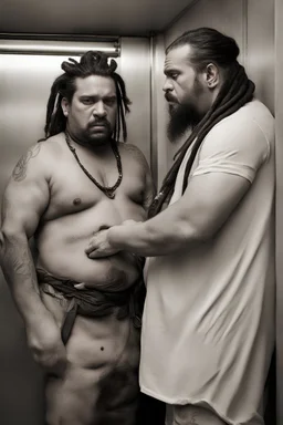 half figure shot photography of two ugly gypsies close, face to face, 41 years old with dreadlocks, overweight muscular chubby, tattoo, beard, bullneck, shirtless, manly chest, hairy torso , embraced, broken short pants,, angry eyes, in an elevator, top light, ambient occlusion, photorealistic, side view from the ground