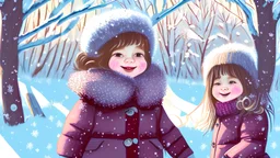 illustration style, 2 little girls, playing with snow, and very happy. The village was a hushed, frozen tableau, and its inhabitants, wrapped in cozy layers of wool, marveled at the winter wonderland that surrounded them. The sun's warmth melted the snow The trees stood as silent sentinels, their branches adorned with glistening jewels of ice, and the ground lay beneath a blanket of pristine white.