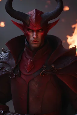 d&d art male tiefling warlock, red skin, unreal engine 6, high detail, intricate, cinematic. photoshoot style, intricate, studio lighting, masterpiece , highly detailed, 8k, best quality, fire, smoke, dramatic,d,<lora:mshn:0.7>,<lyco:Warrior_Couture:0.5>,
