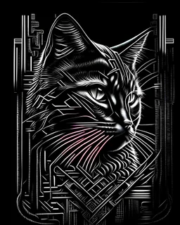 Cat logo cyberpunk, lineal arte, intrincado, incredible work of art, black and White, fondo negro