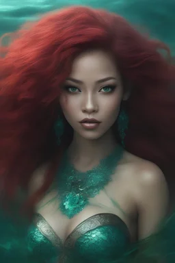 the black Chinese mermaid with Long wavy, curly (((red hair))) and bright, (((sea-green eyes))), - full color - 32k, UHD, 1080p, 8 x 10, glossy professional quality digital photograph - dark foggy gradated background, historic, powerful, octane rendering, exquisite detail, 30 - megapixel, 4k, 85 - mm - lens, sharp - focus, intricately - detailed, long exposure time, f8, ISO 100 - back - lighting, ((skin details, high detailed skin texture))
