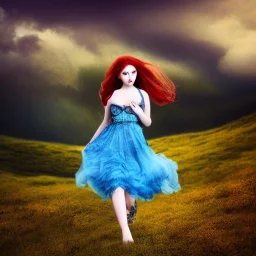 beautiful sourceress, girl, portrait, dressed in a transparent intricate blue dress, leaves in the hair, short tainted red hair, with a white cat, high definition, dramatic scenery, rendering, metal skin