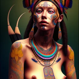 Dibujo de cuerpo entero de Mujer Tribal Maya bella pintada con tatuajes bella con estilo de Artemisia Gentileschi