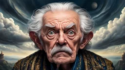 Hyperrealistic art Very old frightened and scared grandpa with fear in eyes, mad sky hallucination by Mundford, baroque maximalist, chibi by Artificial Nightmares, Stanley Artgerm, Tim Burton, detailed face features, sharp eyes, extremely detailed, photorealistic, highly detailed, organic, dynamic, ultra realistic, high definition, intricate details, crisp quality . Extremely high-resolution details, photographic, realism pushed to extreme, fine texture, incredibly lifelike