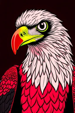 grey background; white body, red blood animated eagle who's just eyes and beak are in focus. the eagle is looking down