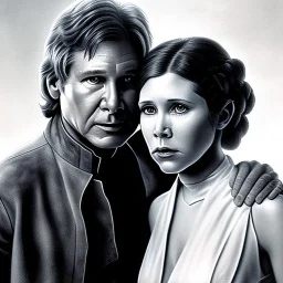 old carrie fisher embracing harrison ford in star wars, waist up portrait, photorealistic faces, intricate, oil on canvas, masterpiece, expert, insanely detailed, 4k resolution, cinematic smooth, intricate detail , soft smooth lighting, soft pastel colors,