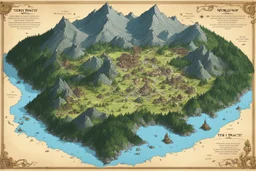 A World Map, by Terry Pratchett, in the style of RPG maps (with small trees and mountains)