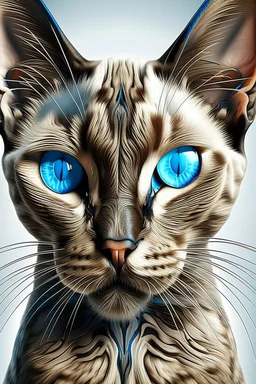 A stunning, hyper-detailed digital painting of a Siamese cat, transformed into a mesmerizing fusion of feline and human elements. The cat's eyes are striking blue orbs with a slit pupil, set on a face that exudes natural curiosity. Its body is a combination of cream, tan, and grey, with a distinct wrinkled texture and hairless appearance. Superimposed onto a human body, the cat has remarkably large, bat-like ears. The heavily tattooed neck features a banner with the words "Bad Kitty" in stylized